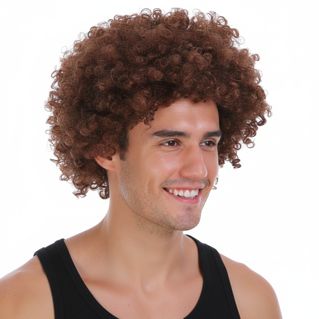 Mens DELUXE AFRO WIG Curly Hair Costume Party Fancy Disco 70s 80s Dress Up - Brown V563-BR-AFRO-BRWN