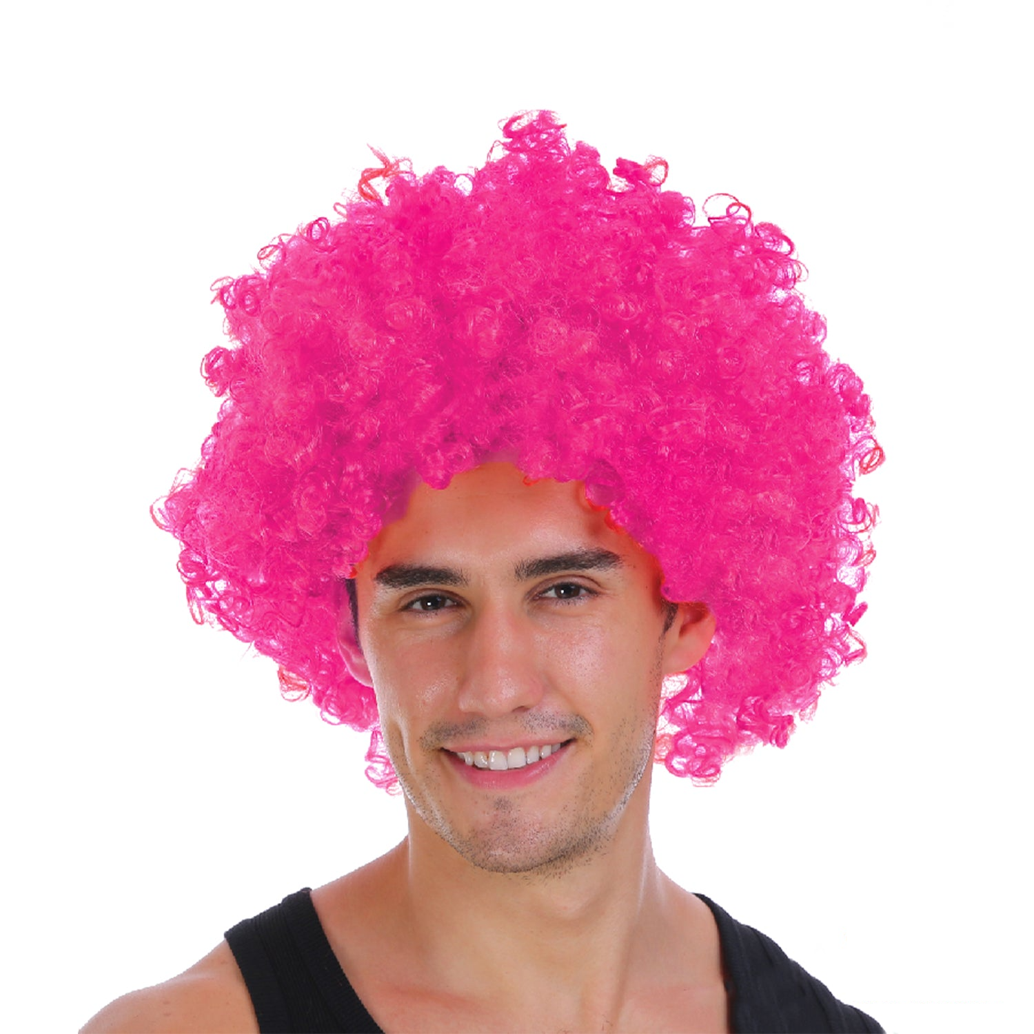Mens DELUXE AFRO WIG Curly Hair Costume Party Fancy Disco 70s 80s Dress Up - Hot Pink V563-BR-AFRO-HTPNK