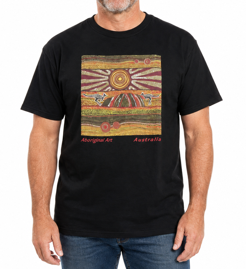 Mens Australia T Shirt Aboriginal Art 100% Cotton Souvenir Indigenous Tee in Black - Small