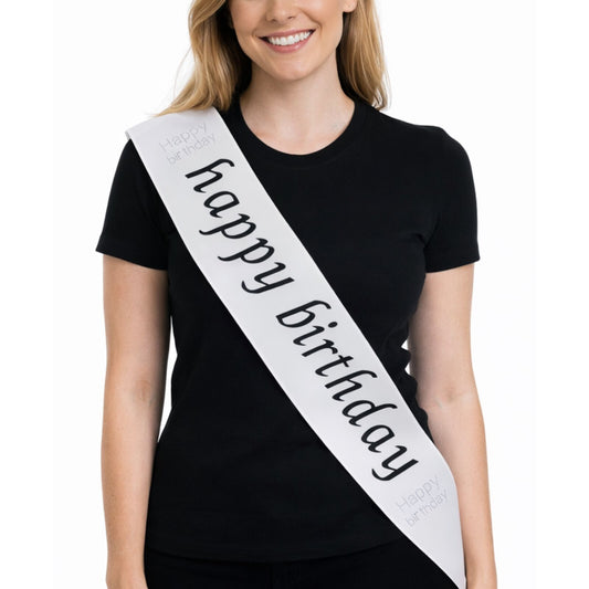 Party Sash Happy Birthday Hen Night Womens Celebration Sash One Size - White V563-BR-BDAYSASH-HPBDWHT