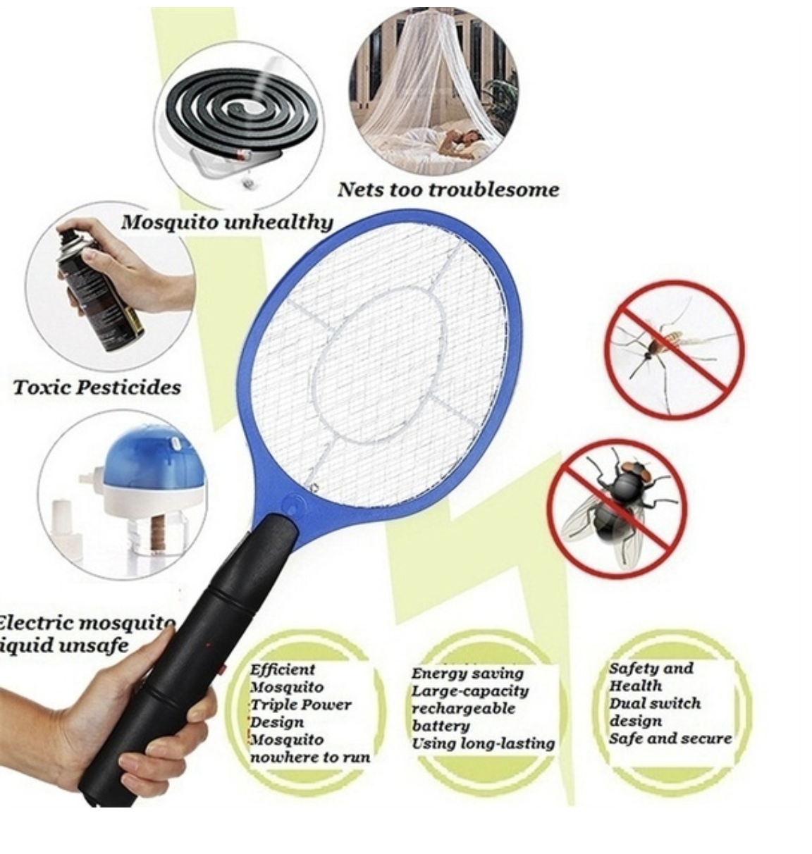 2x BUG ZAPPER RACKET Fly Mosquito Pest Swatter Net Racquet Electric Insect Killer V563-BR-BUGZAPRRKT-2PCS
