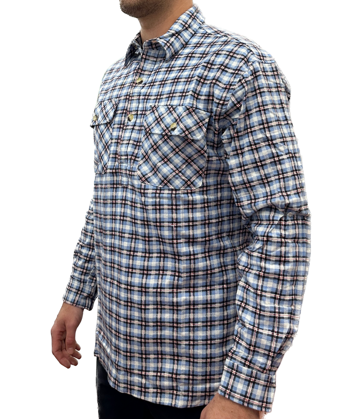 Mens Flannelette Long Sleeve Pullover Shirt 100% Cotton Flannel - Half Placket - Blue Check - M V563-BR-FLANSM-40-HFPKT-M