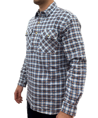 Mens Flannelette Long Sleeve Pullover Shirt 100% Cotton Flannel - Half Placket - Blue Check - M V563-BR-FLANSM-40-HFPKT-M