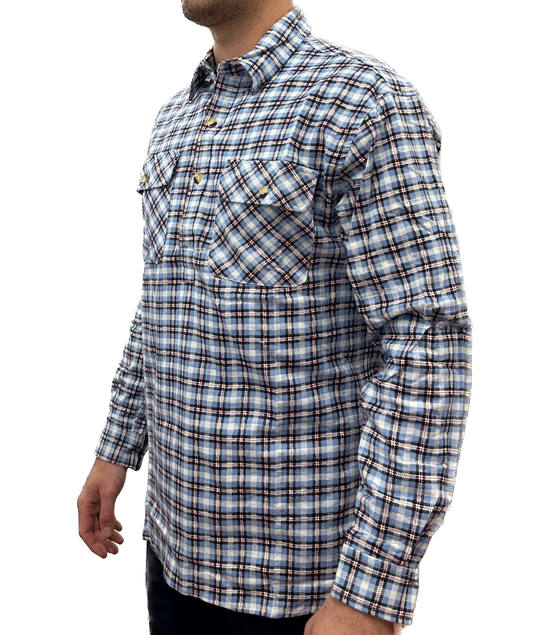 Mens Flannelette Long Sleeve Pullover Shirt 100% Cotton Flannel - Half Placket - Blue Check - M V563-BR-FLANSM-40-HFPKT-M
