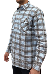 Mens Flannelette Long Sleeve Pullover Shirt 100% Cotton Flannel - Half Placket - Sky Blue/Grey Check - M V563-BR-FLANSM-60-HFPKT-M