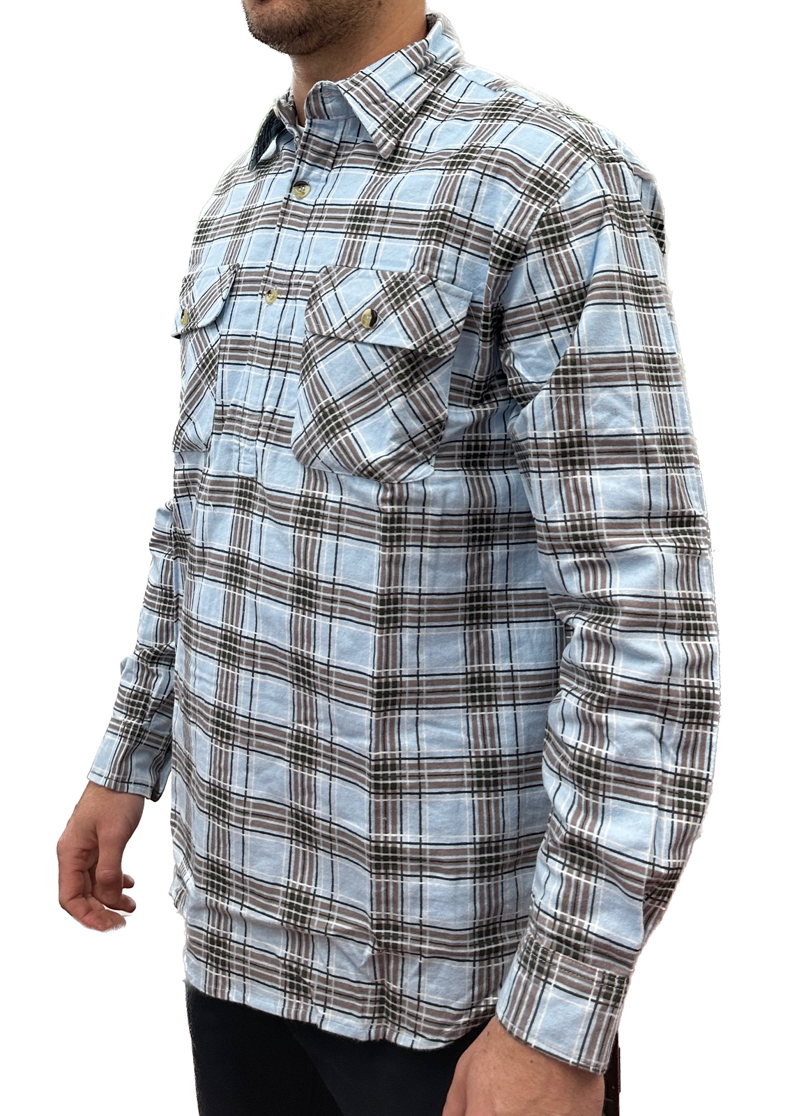Mens Flannelette Long Sleeve Pullover Shirt 100% Cotton Flannel - Half Placket - Sky Blue/Grey Check - M V563-BR-FLANSM-60-HFPKT-M