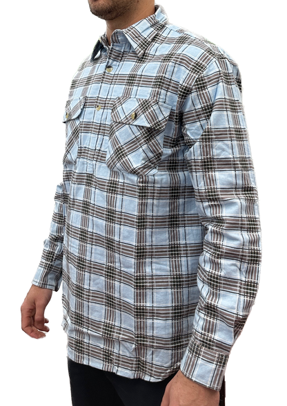 Mens Flannelette Long Sleeve Pullover Shirt 100% Cotton Flannel - Half Placket - Sky Blue/Grey Check - M V563-BR-FLANSM-60-HFPKT-M