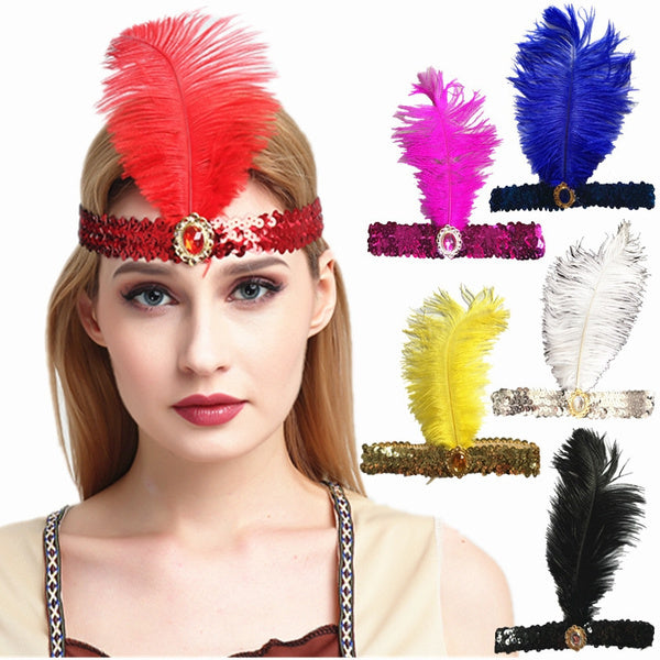 1920s FLAPPER HEADBAND Headpiece Feather Sequin Charleston Costume Gatsby Dance - Hot Pink V563-BR-FLAPHEADB-HTPNK