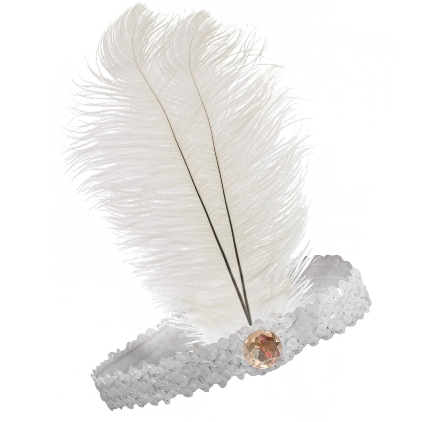 1920s FLAPPER HEADBAND Headpiece Feather Sequin Charleston Costume Gatsby Dance - White V563-BR-FLAPHEADB-WHT