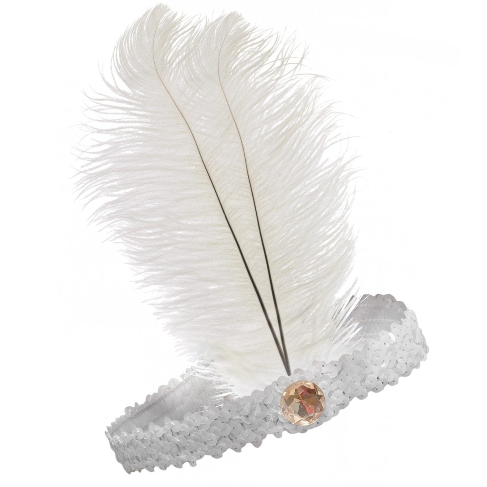 1920s FLAPPER HEADBAND Headpiece Feather Sequin Charleston Costume Gatsby Dance - White V563-BR-FLAPHEADB-WHT