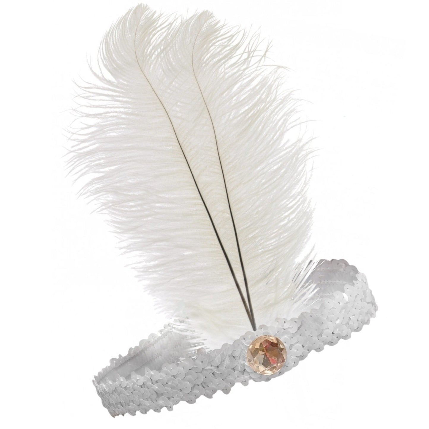 1920s FLAPPER HEADBAND Headpiece Feather Sequin Charleston Costume Gatsby Dance - White V563-BR-FLAPHEADB-WHT