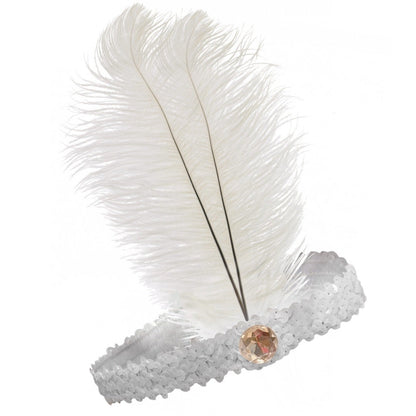 1920s FLAPPER HEADBAND Headpiece Feather Sequin Charleston Costume Gatsby Dance - White V563-BR-FLAPHEADB-WHT