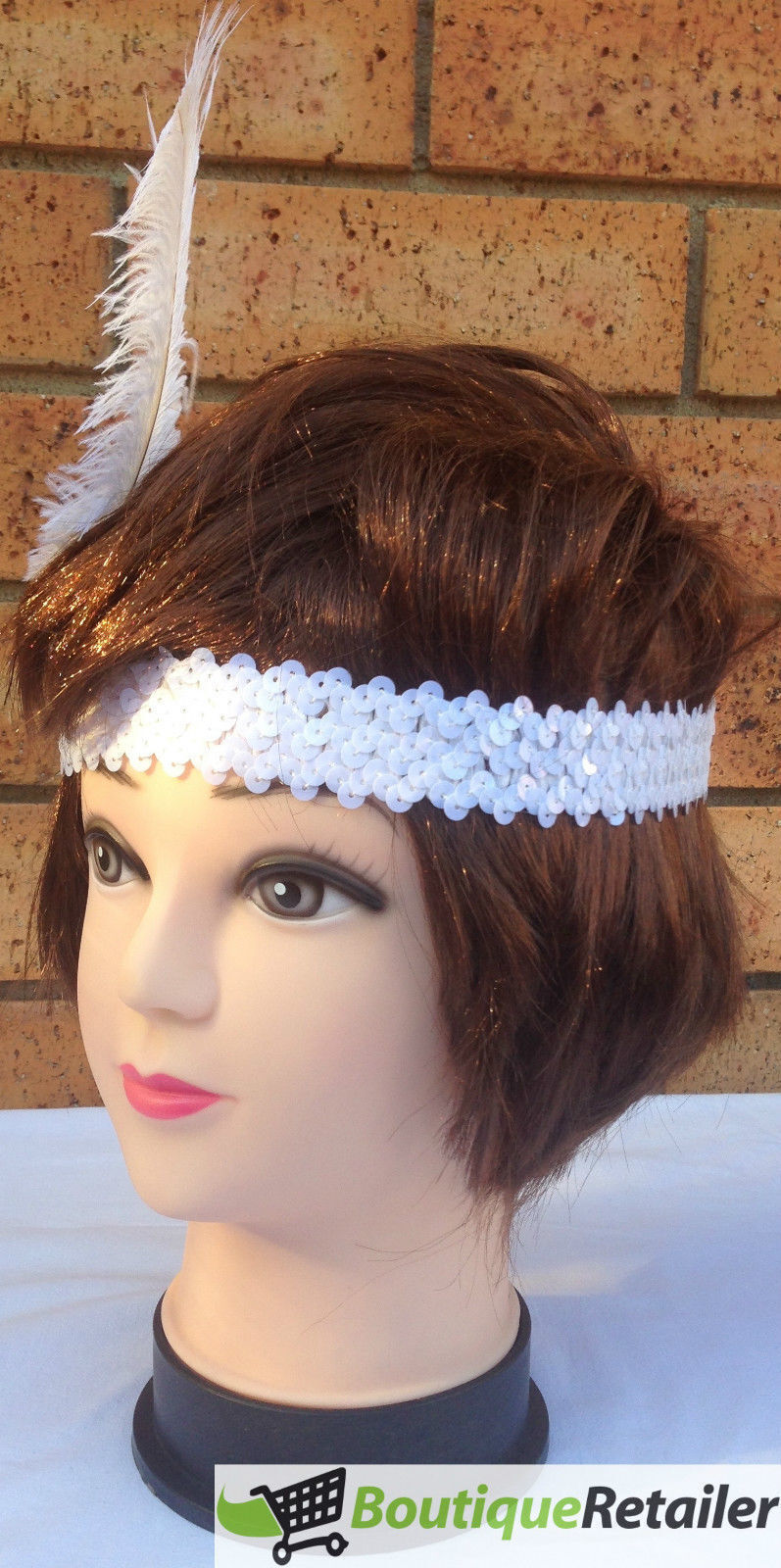 1920s FLAPPER HEADBAND Headpiece Feather Sequin Charleston Costume Gatsby Dance - White V563-BR-FLAPHEADB-WHT