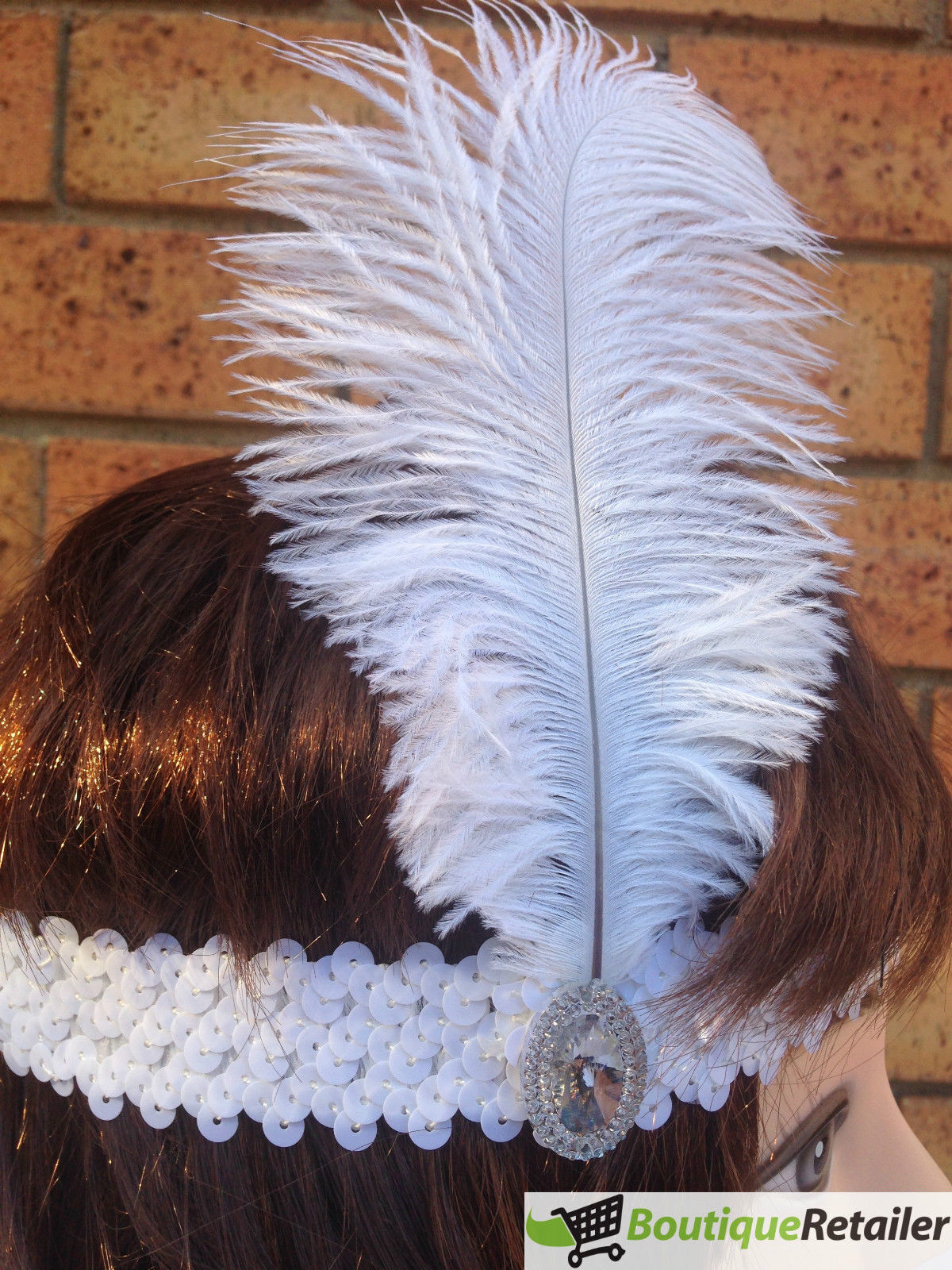 1920s FLAPPER HEADBAND Headpiece Feather Sequin Charleston Costume Gatsby Dance - White V563-BR-FLAPHEADB-WHT