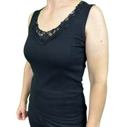 Ladies Sleeveless Singlet Top Womens Summer Basic Tank Shirt Lace Motif Front - Black - 14-16 V563-BR-GW0102-BLK-14-16