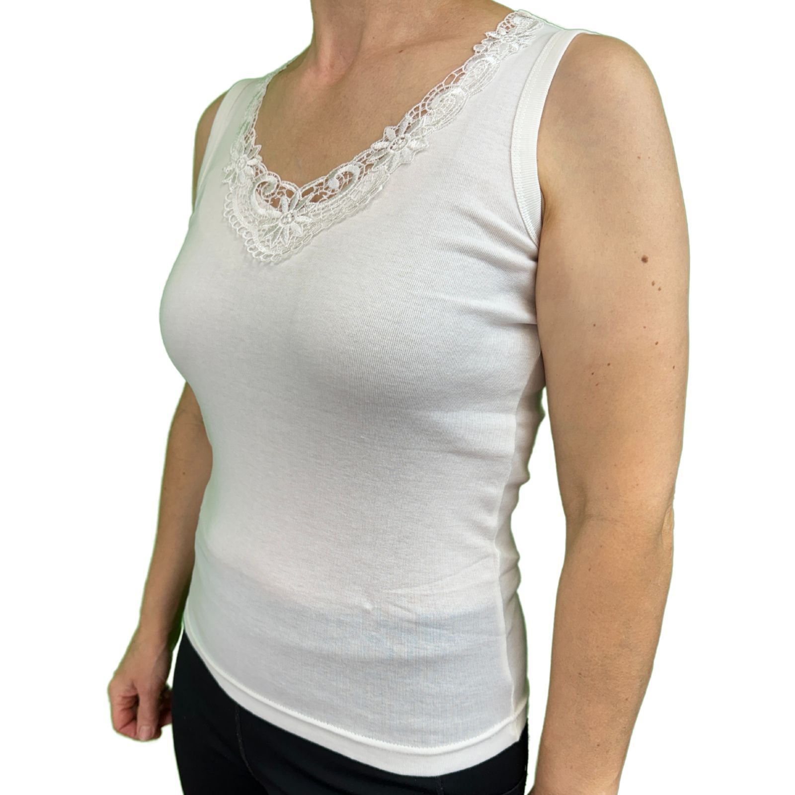 Ladies Sleeveless Singlet Top Womens Summer Basic Tank Shirt Lace Motif Front - Natural - 12-14 V563-BR-GW0102-NTL-12-14