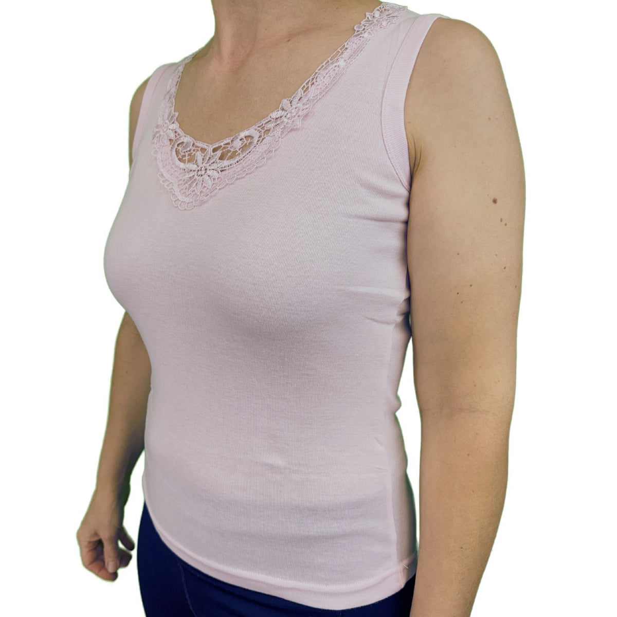 Ladies Sleeveless Singlet Top Womens Summer Basic Tank Shirt Lace Motif Front - Pink - 16-18 V563-BR-GW0102-PNK-16-18