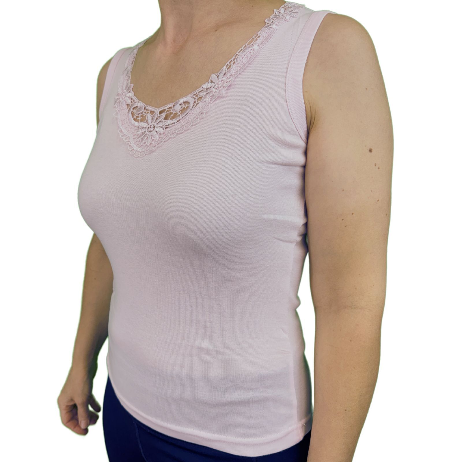 Ladies Sleeveless Singlet Top Womens Summer Basic Tank Shirt Lace Motif Front - Pink - 18-20 V563-BR-GW0102-PNK-18-20