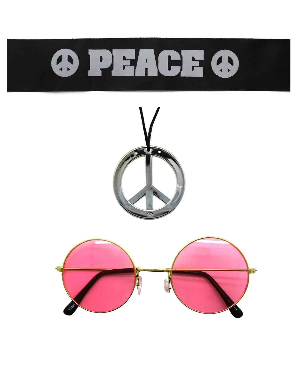 Hippie Kit Set Headband Glasses Pendant Peace Sign Necklace 60s 70s Costume V563-BR-HIPKITSET