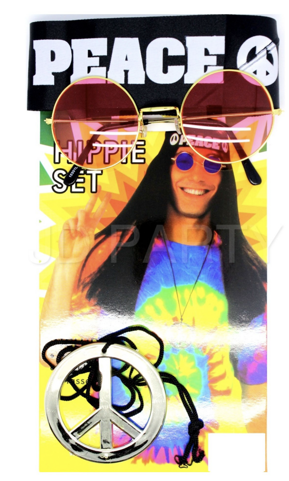 Hippie Kit Set Headband Glasses Pendant Peace Sign Necklace 60s 70s Costume V563-BR-HIPKITSET