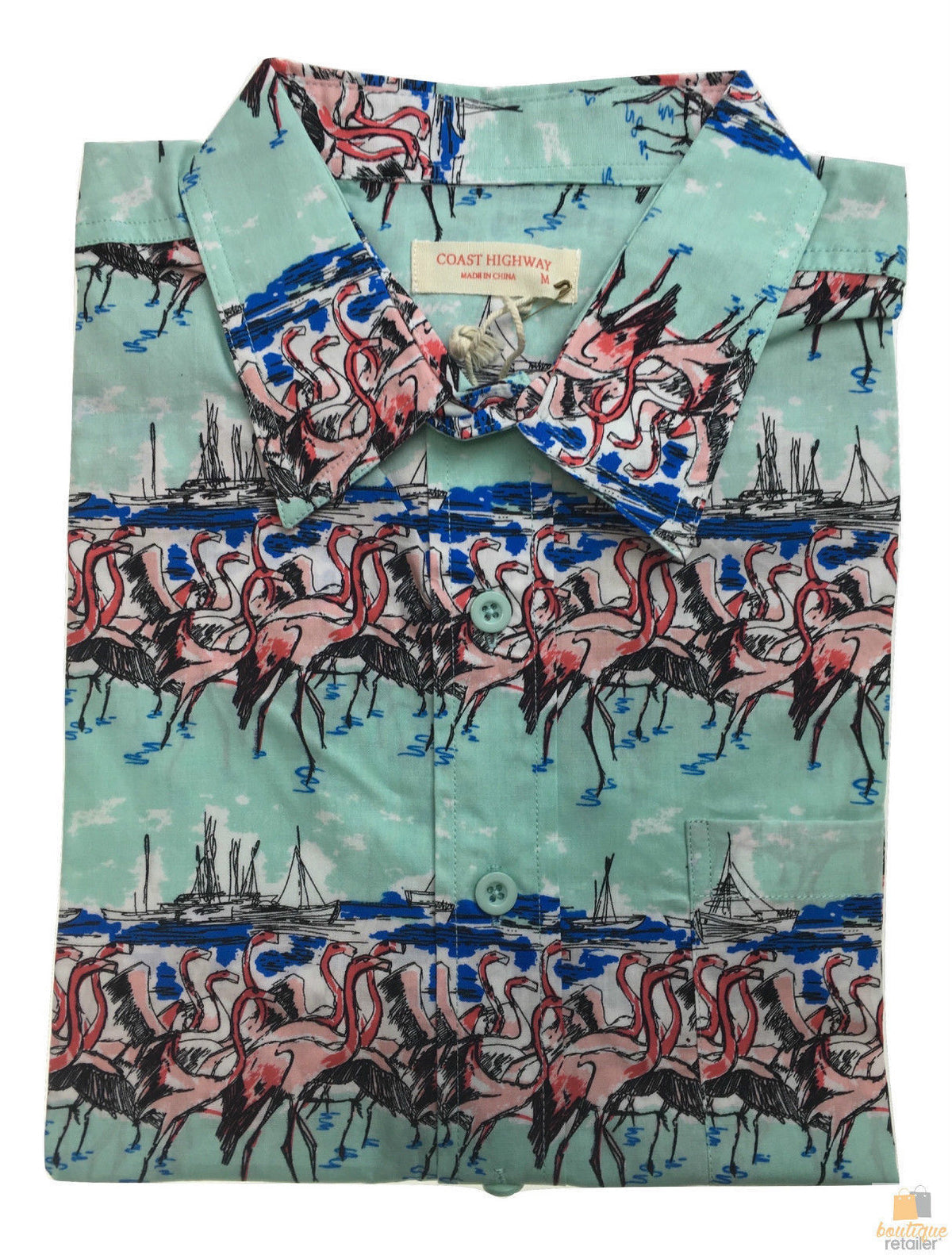 Mens Oahu Hawaiian Party Shirt Button Hippie Tops Short Sleeve Beach Holiday - Flamingo On Shore (0498) - S V563-BR-HWNSHT-FLAMSHR0498-S