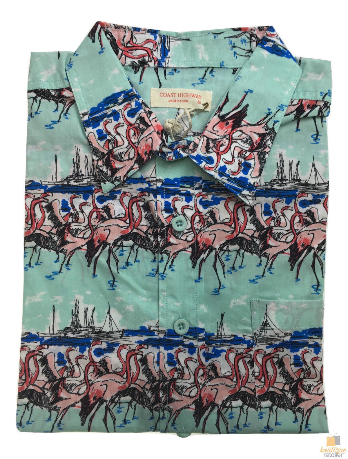 Mens Oahu Hawaiian Party Shirt Button Hippie Tops Short Sleeve Beach Holiday - Flamingo On Shore (0498) - S V563-BR-HWNSHT-FLAMSHR0498-S