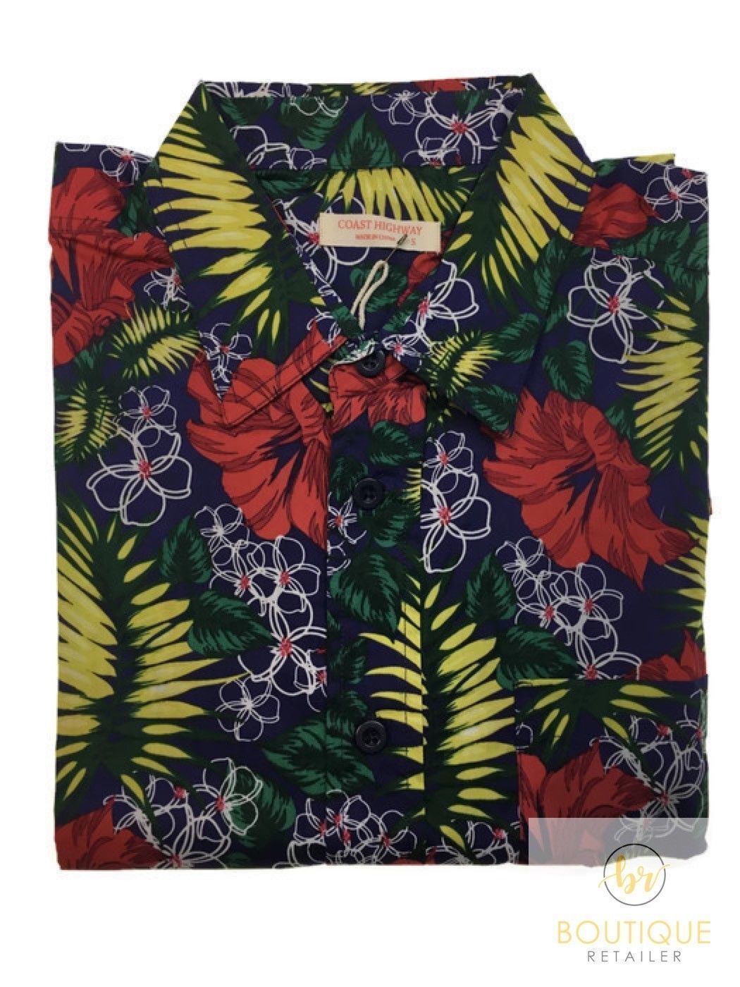 Mens Oahu Hawaiian Party Shirt Button Hippie Tops Short Sleeve Beach Holiday - Hibiscus Flower (1421) - S V563-BR-HWNSHT-HBCUSFLWR1421-S