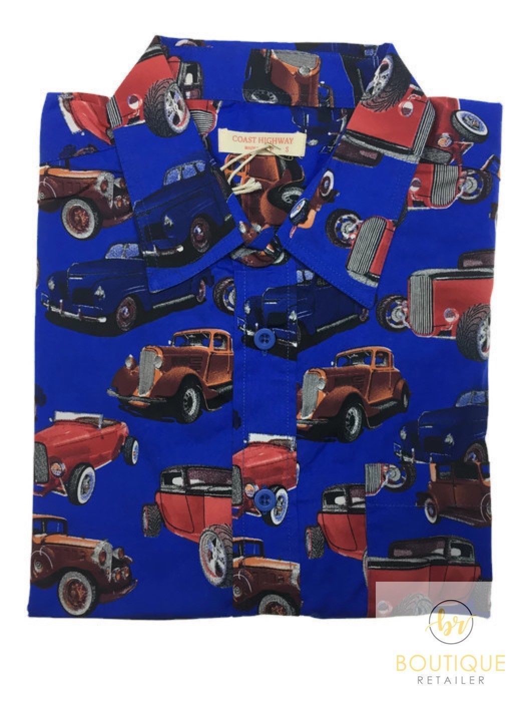 Mens Oahu Hawaiian Party Shirt Button Hippie Tops Short Sleeve Beach Holiday - Vintage Car (1425) - S V563-BR-HWNSHT-VNTGC1425-S