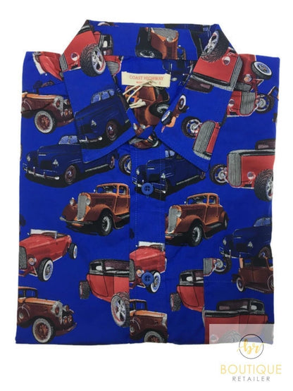 Mens Oahu Hawaiian Party Shirt Button Hippie Tops Short Sleeve Beach Holiday - Vintage Car (1425) - S V563-BR-HWNSHT-VNTGC1425-S