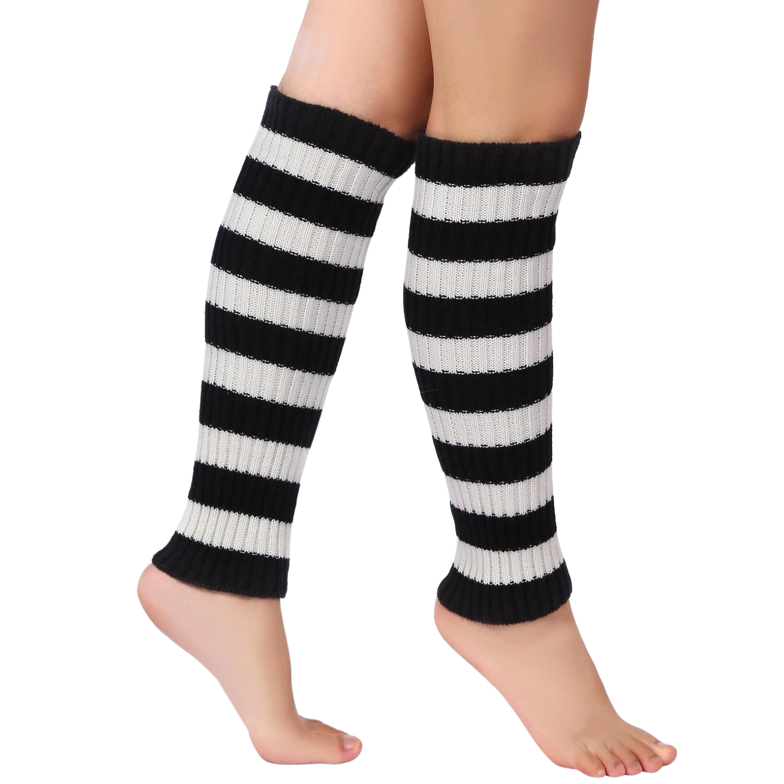 Pair of Womens Leg Warmers Disco Winter Knit Dance Party Crochet Legging Socks Costume - Black/White Stripe V563-BR-LEGW-BLKWHTSTR