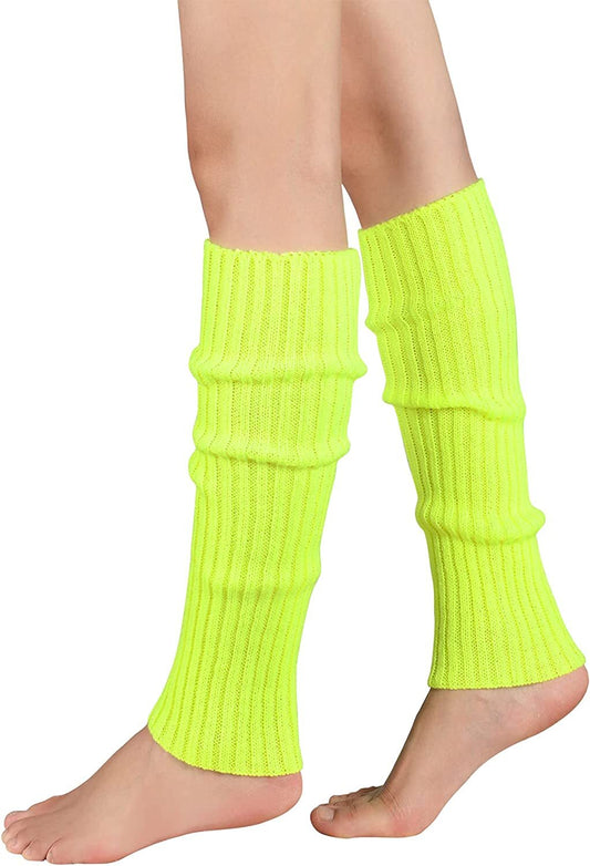 Pair of Womens Leg Warmers Disco Winter Knit Dance Party Crochet Legging Socks Costume - Fluro Yellow V563-BR-LEGW-FLUYLW