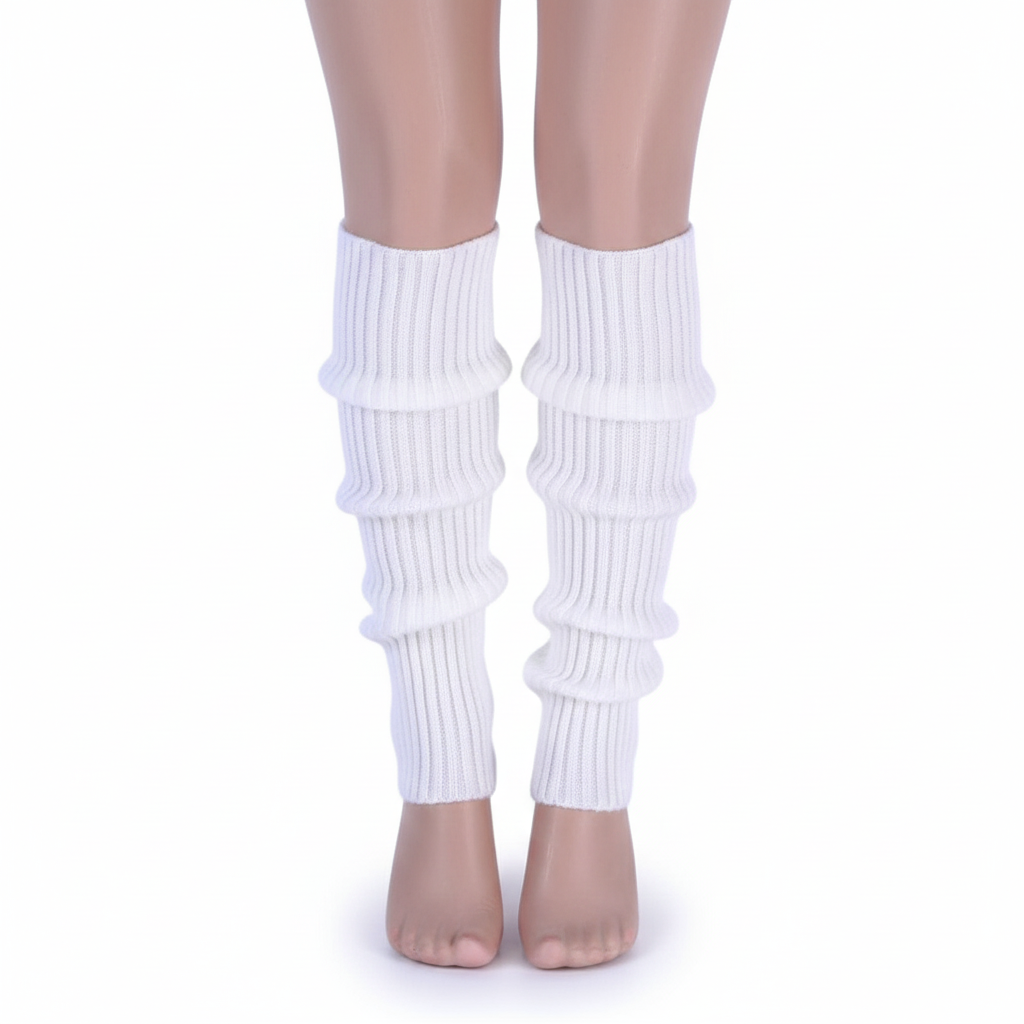 Pair of Womens Leg Warmers Disco Winter Knit Dance Party Crochet Legging Socks Costume - White V563-BR-LEGW-WHT