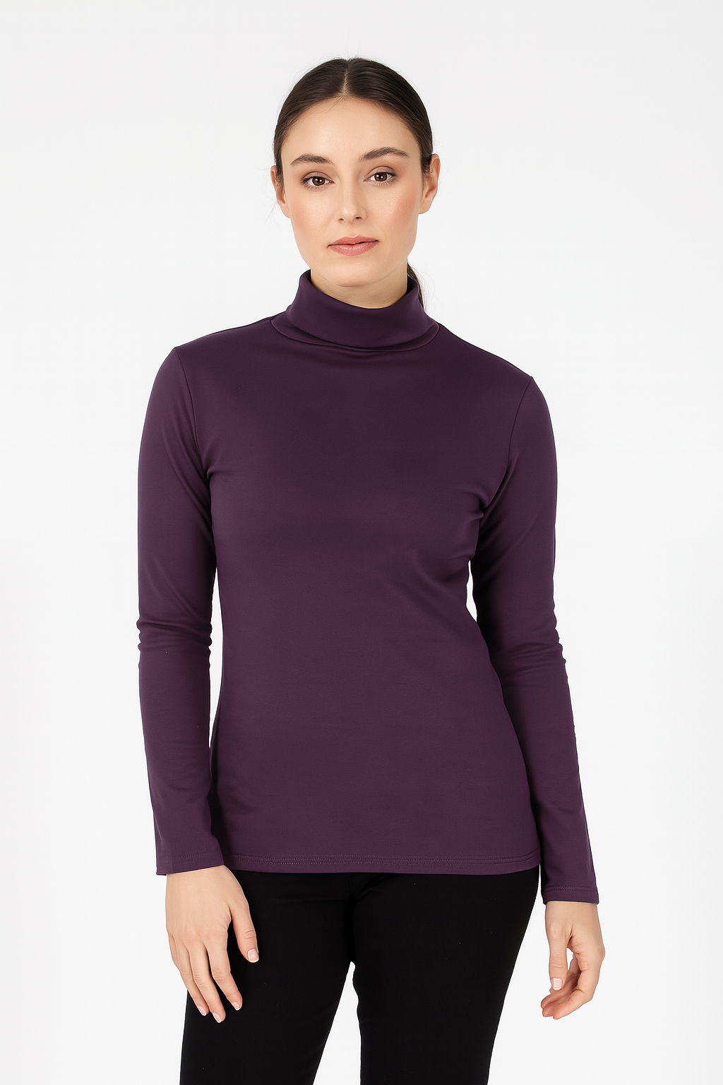 Ladies SKIVVY Womens Long Sleeve Plain Top Warm Turtleneck Cotton High Neck - Plum - X-Small V563-BR-LSKIVV-PLUM-XS