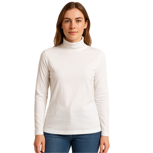 Ladies SKIVVY Womens Long Sleeve Plain Top Warm Turtleneck Cotton High Neck in White - M V563-BR-LSKIVV-WHT-M