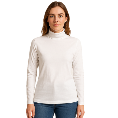 Ladies SKIVVY Womens Long Sleeve Plain Top Warm Turtleneck Cotton High Neck in White - M V563-BR-LSKIVV-WHT-M