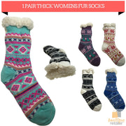 1 Pair Ladies Thick Fur Bed Socks Womens Soft Work Fluffy Slipper Non Slip - One Size V563-BR-LTBSKS-ONESIZE