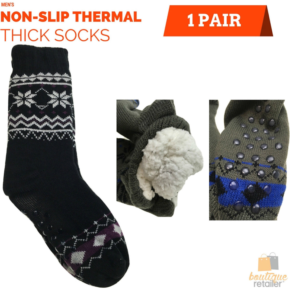 1 Pair Mens Non Slip Thick Fur Warm Winter Bed Socks Thermal Warm Cushion - One Size V563-BR-MENSBEDSOCKS-ONESIZE