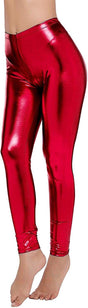Metallic Leggings Stretchy Pants Neon Fluro Shiny Glossy Dress Up Dance Party - Red V563-BR-METALLIC-RED