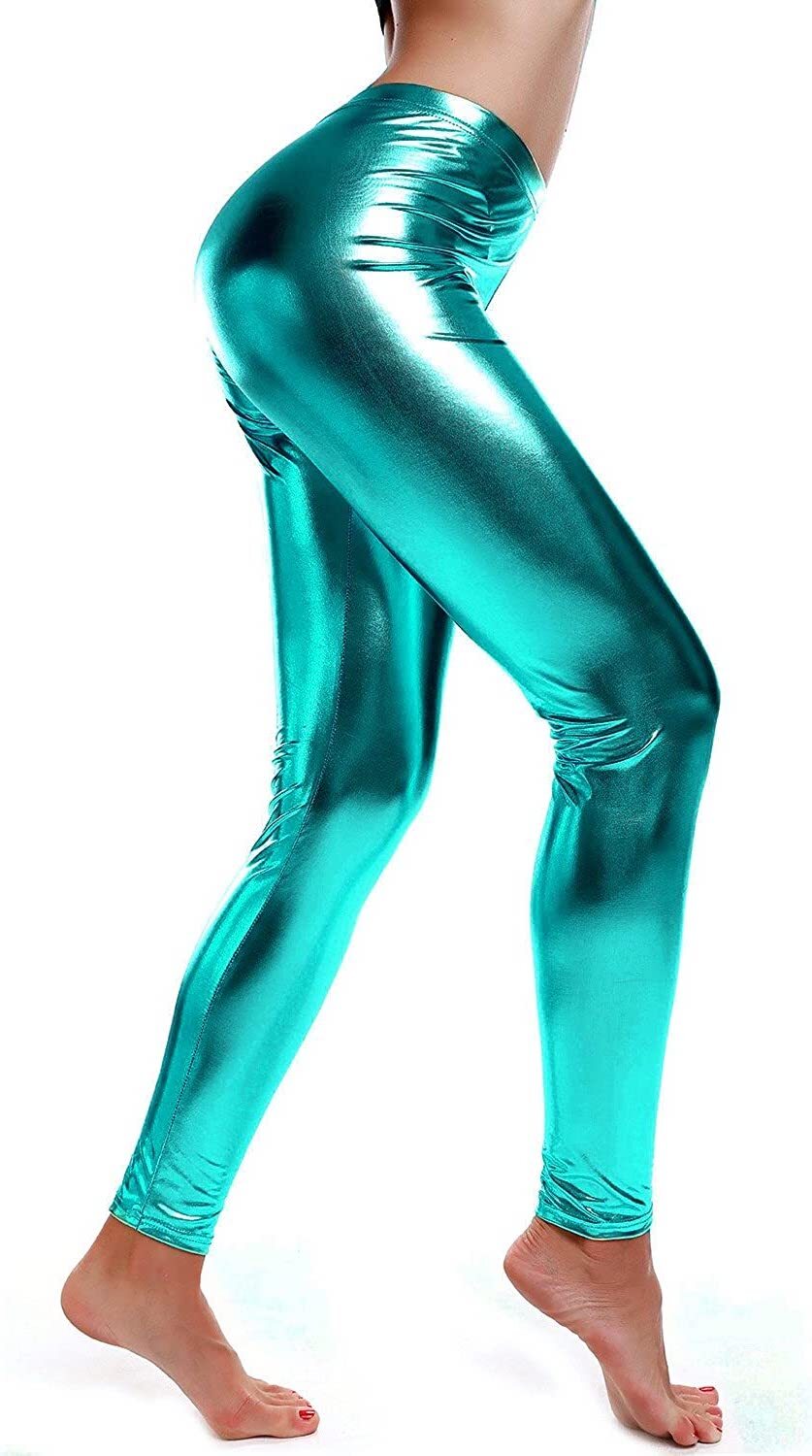 DELUXE METALLIC LEGGINGS Shiny Neon Stretch Dance Costume Fancy Dress Party - Blue V563-BR-METALLICLEG-BLU