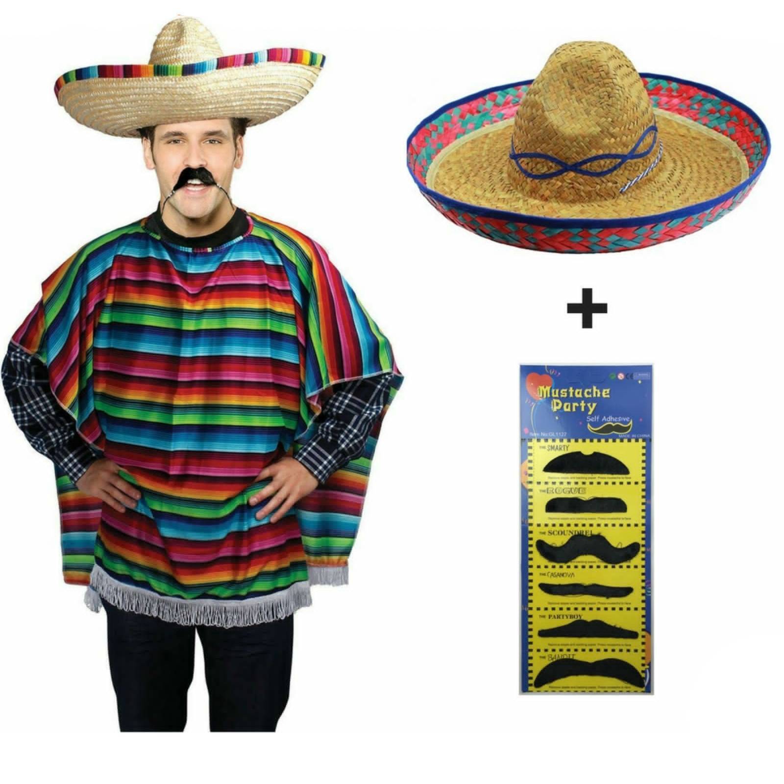MEXICAN PONCHO & SOMBRERO SET Costume Wild West Moustache Cowboy Bandit Party V563-BR-MEXSOMBSET