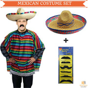 MEXICAN PONCHO & SOMBRERO SET Costume Wild West Moustache Cowboy Bandit Party V563-BR-MEXSOMBSET