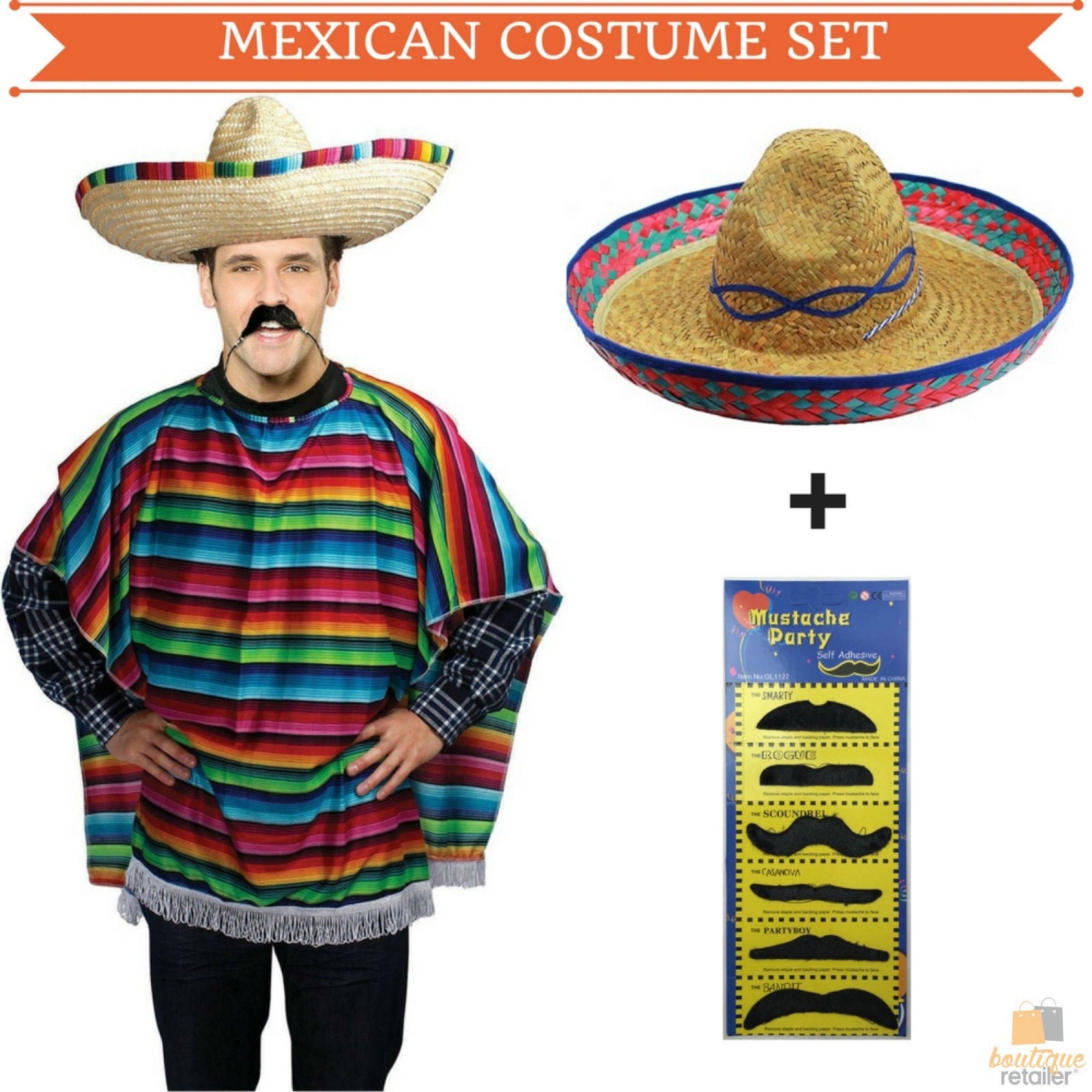 MEXICAN PONCHO & SOMBRERO SET Costume Wild West Moustache Cowboy Bandit Party V563-BR-MEXSOMBSET