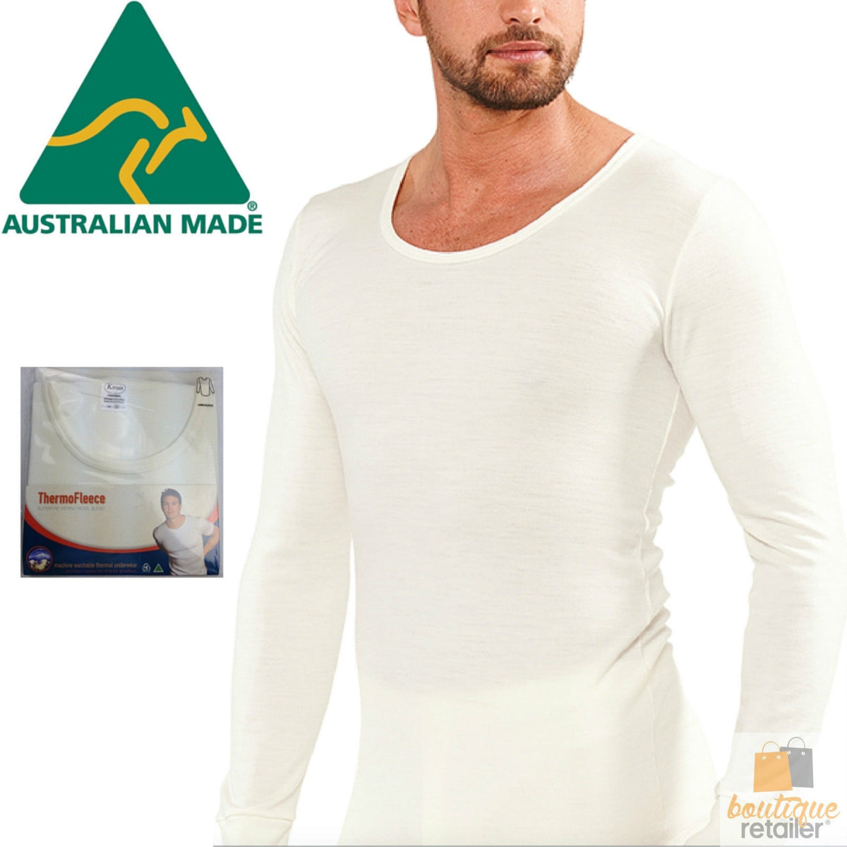 Mens THERMAL Long Sleeve Top Merino Wool Blend Underwear AUS MADE Thermals Warm - XX-Large (110cm) V563-BR-MWTOP-XXL110CM