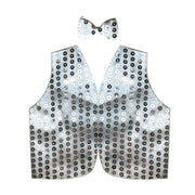 Mens SEQUIN VEST Dance Costume Party Coat Disco Accessory Sparkle Waistcoat - Silver V563-BR-SEQ-BOWTIEVEST-SILVER