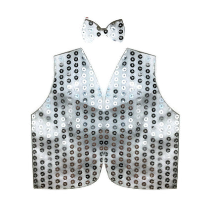 Mens SEQUIN VEST Dance Costume Party Coat Disco Accessory Sparkle Waistcoat - Silver V563-BR-SEQ-BOWTIEVEST-SILVER