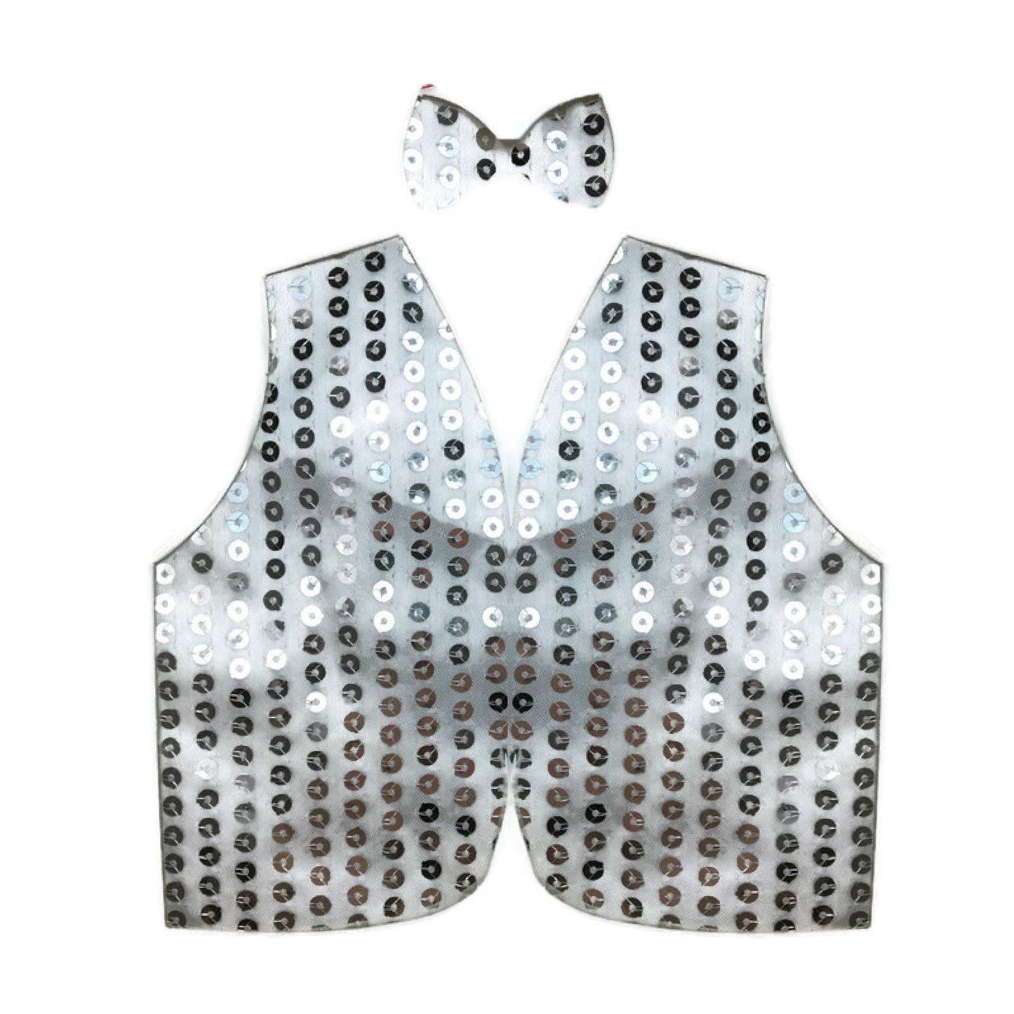 Mens SEQUIN VEST Dance Costume Party Coat Disco Accessory Sparkle Waistcoat - Silver V563-BR-SEQ-BOWTIEVEST-SILVER