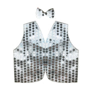 Mens SEQUIN VEST Dance Costume Party Coat Disco Accessory Sparkle Waistcoat - Silver V563-BR-SEQ-BOWTIEVEST-SILVER