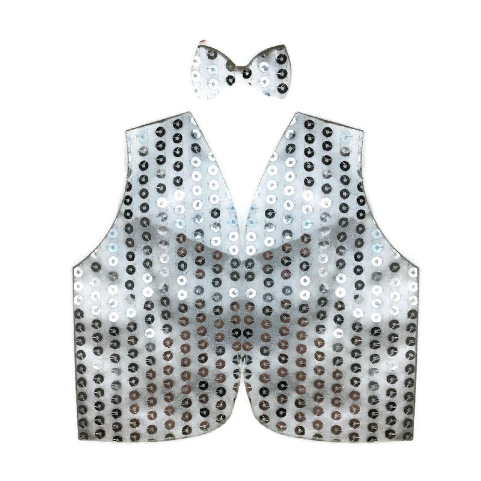 Mens SEQUIN VEST Dance Costume Party Coat Disco Accessory Sparkle Waistcoat - Silver V563-BR-SEQ-BOWTIEVEST-SILVER