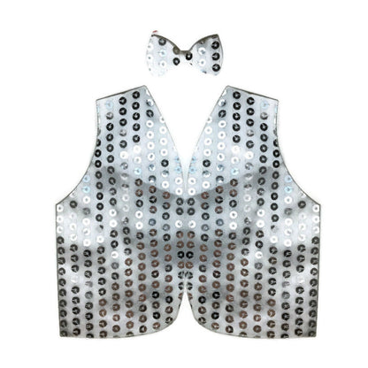 Mens SEQUIN VEST Dance Costume Party Coat Disco Accessory Sparkle Waistcoat - Silver V563-BR-SEQ-BOWTIEVEST-SILVER