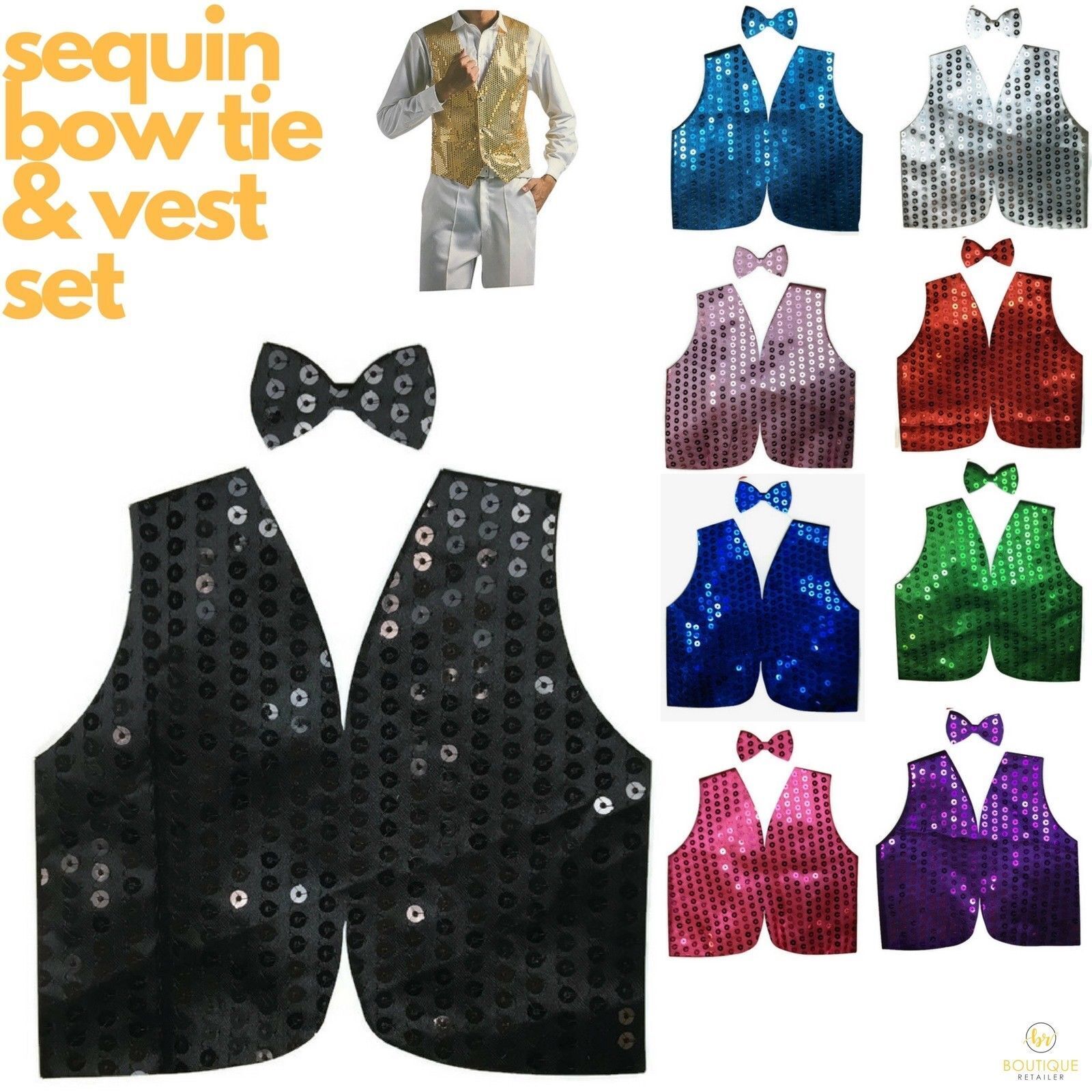 Mens SEQUIN VEST Dance Costume Party Coat Disco Accessory Sparkle Waistcoat - Silver V563-BR-SEQ-BOWTIEVEST-SILVER